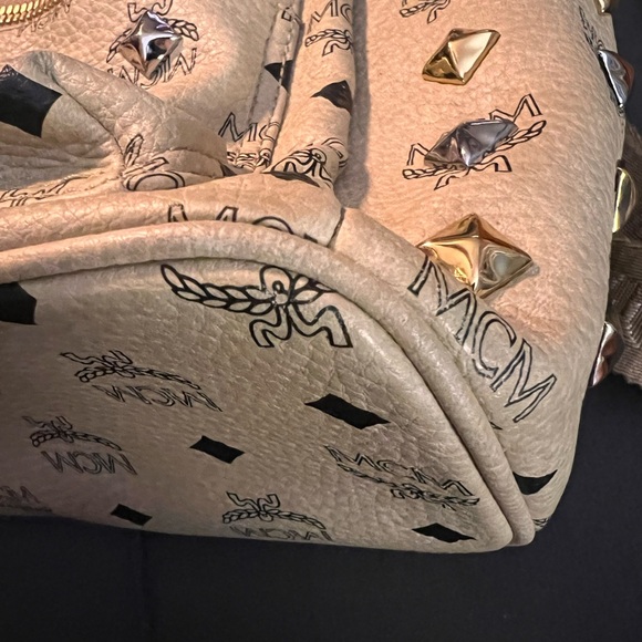 MCM Beige Visetos Silver and Gold Pyramid Studded Backpack - Picture 11 of 16